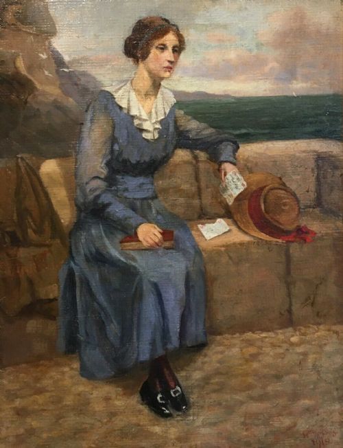 Signed 1918 Original Framed Antique Oil Painting Portrait of a Lady with Letter