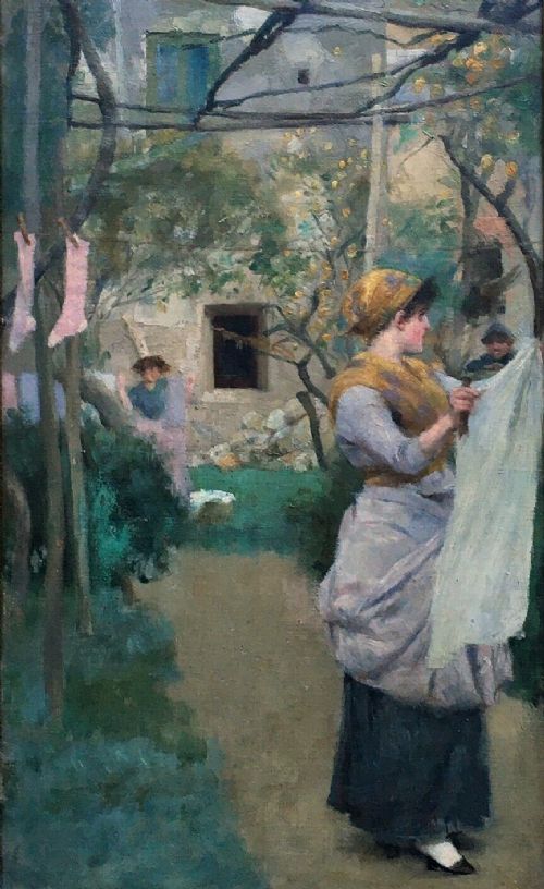 Original 19th Century Antique Oil Painting of Ladies in a Continental Garden Washing Clothes