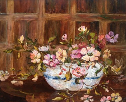 Original Heather Young Signed Antique Miniature Oil Painting of Wild Roses in a Bowl