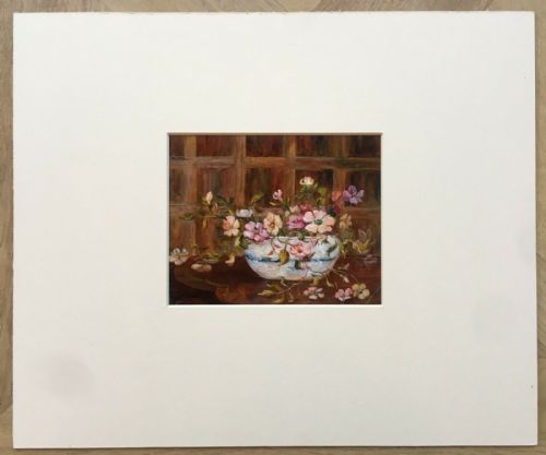 fig 1. Original Heather Young Signed Antique Miniature Oil Painting of Wild Roses in a Bowl