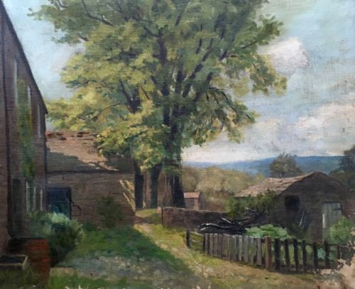Original Antique Oil Painting on Canvas Farmyard & Tree Landscape (Some Damage)