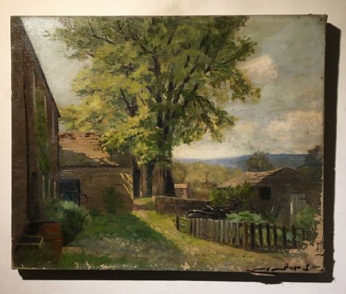 fig 1. Original Antique Oil Painting on Canvas Farmyard & Tree Landscape (some damage)