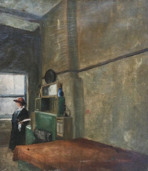 Original Antique Oil Painting Interior Scene with a Lady Stood by a Window