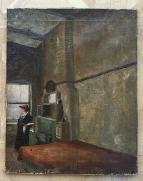 fig 1. Original Antique Oil Painting Interior Scene with a Lady stood by a Window