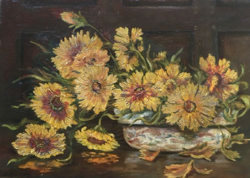 Signed Original Still Life Oil Painting on Canvas Rudbeckia Flowers and Bowl