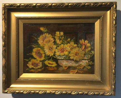 fig 1. Signed Original Still Life Oil Painting on Canvas Rudbeckia Flowers and Bowl