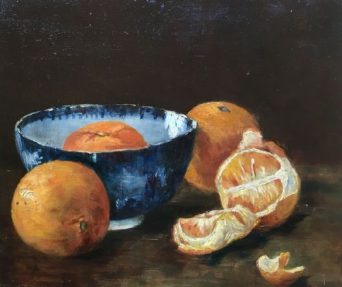 Signed Original Still Life English Antique Oil Painting on Canvas Oranges and Bowl Glazed Frame