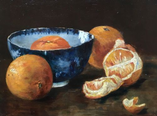 fig 1. Signed Original Still Life English Antique Oil Painting on Canvas Oranges and Bowl Glazed Frame