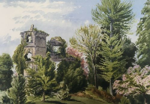 fig 1. Chateau de la Garage, France Antique 1883 French Original Watercolour Landscape Painting, Mounted