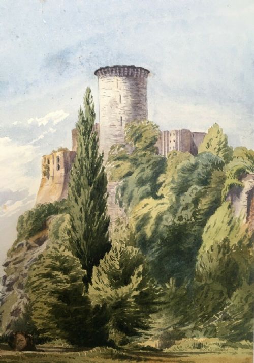 Talbot Tower Chateau De Falaise, France. Antique Original 19th Century French Watercolour Landscapepainting