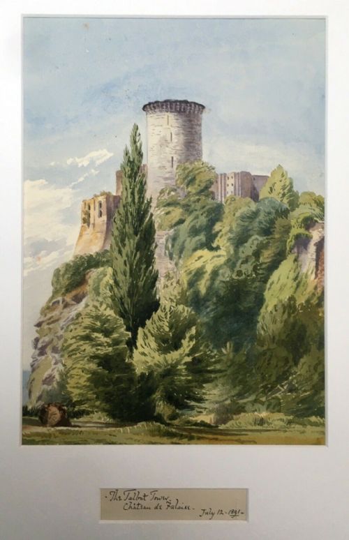 fig 1. Talbot Tower Chateau de Falaise, France. Antique Original 19th Century French Watercolour landscapePainting