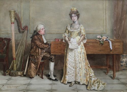 George Kilburne Original 19th Century English Antique Watercolour Painting Lady Singing by Harpsicord, Framed Interior View