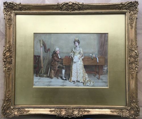 fig 1. George Kilburne Original 19th Century English Antique Watercolour Painting Lady Singing by Harpsicord, Framed Interior View