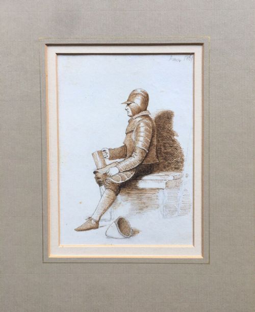 Circle of John Frederick Lewis, 19th Century Original Antique 1861 Pen & Ink Drawing, Portrait of Soldier in Armour