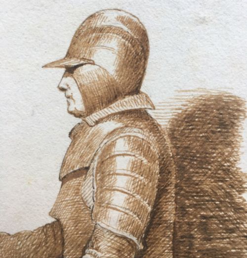 fig 1. Circle of John Frederick Lewis, 19th Century Original Antique 1861 Pen & Ink Drawing, Portrait of Soldier in Armour