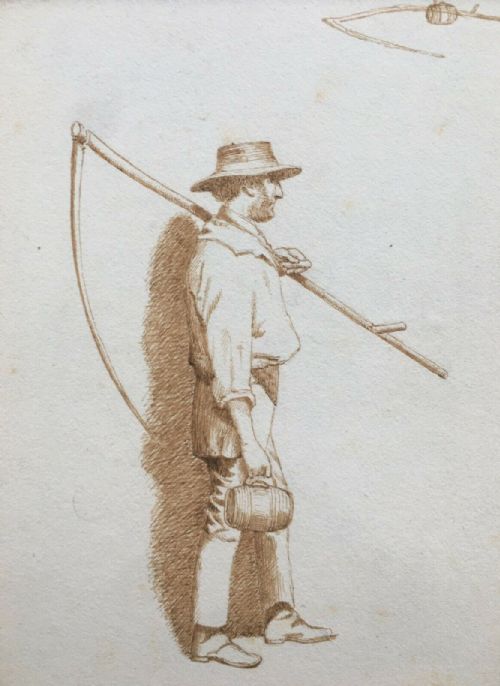 Circle of John Frederick Lewis, Original 19th Century Antique Pen & Ink Drawing, Italian Farm Worker Portrait Study