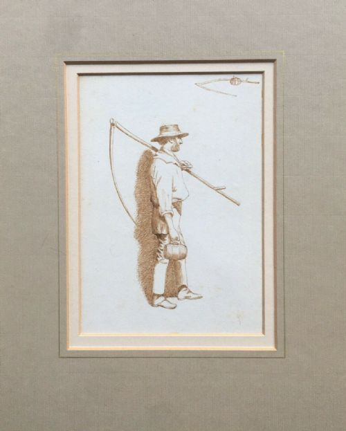 fig 1. Circle of John Frederick Lewis, Original 19th Century Antique Pen & Ink Drawing, Italian Farm Worker Portrait Study