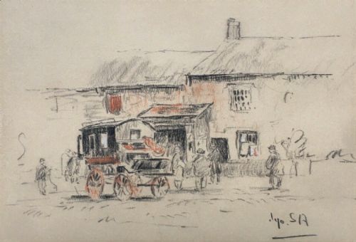 James Atherton Arca Original English Antique Drawing Stage Coach & Figures by a Country Inn