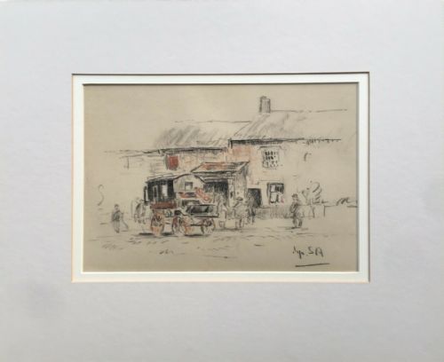 fig 1. James Atherton ARCA Original English Antique Drawing Stage Coach & Figures by a Country Inn 