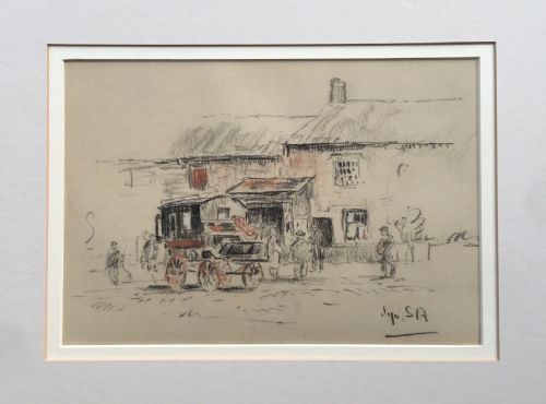 fig 2. James Atherton ARCA Original English Antique Drawing Stage Coach & Figures by a Country Inn 
