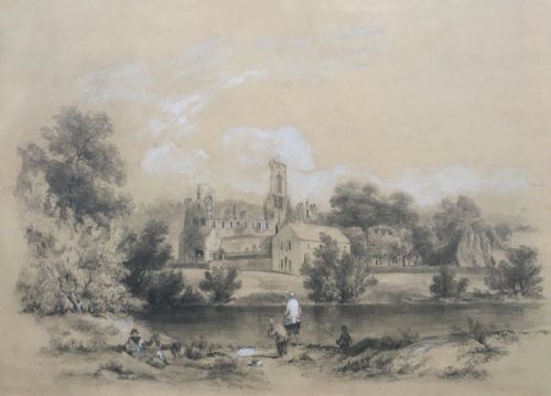 British School Original 19th Century English Antique Pencil & Watercolour Painting Kirkstall Abbey Leeds with Men Fishing Yorkshire Landscape