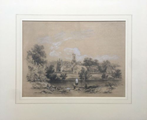 fig 1. British School original 19th Century English Antique Pencil & Watercolour Painting Kirkstall Abbey Leeds with Men Fishing Yorkshire Landscape