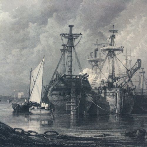John Cousen After Samuel Prout, Hulks at Plymouth, Rare Original 19th Century Engraving