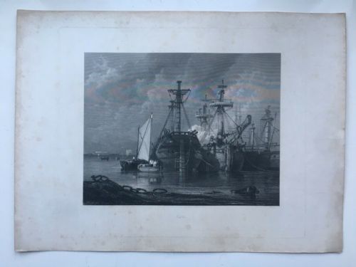 fig 1. John Cousen After Samuel Prout, Hulks at Plymouth, RARE Original 19th Century Engraving