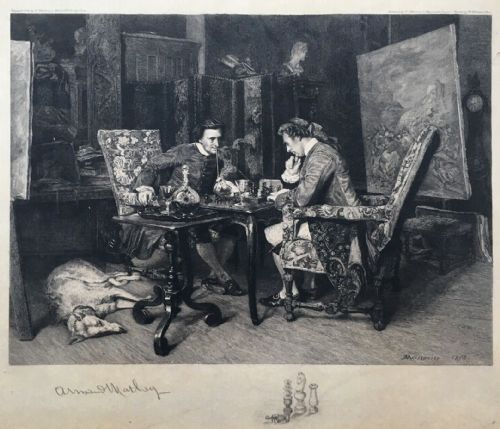 After Ernest Meissonier Signed by Armand Mathey the Chess Match Original 19th Century Antique Etching Engraving
