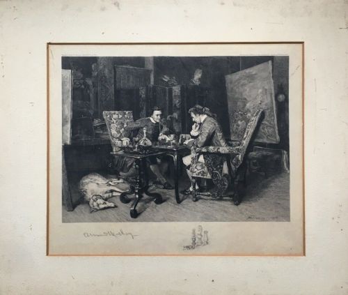fig 1. After Ernest Meissonier Signed by Armand Mathey The Chess Match Original 19th Century Antique Etching Engraving