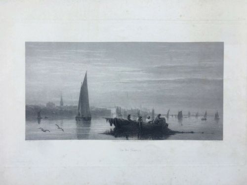 On the Thames, London, After David Cox the Elder Rare Original 19th Century Antique Engraving