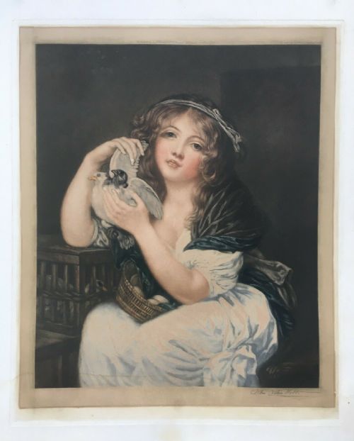John Cother Webb (1855-1927) Pencil Signed Mezzotint, Girl with Doves by Greuze
