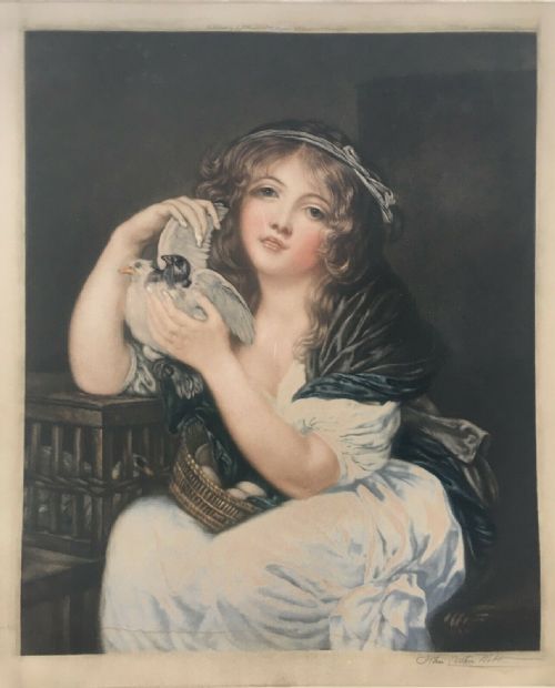 fig 1. John Cother Webb (1855-1927) Pencil Signed Mezzotint, Girl with Doves by Greuze