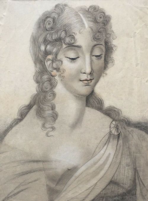 fig 1. Semi Nude Female Looking Down Original 19th Century Antique Charcoal Pencil Drawing Art Study