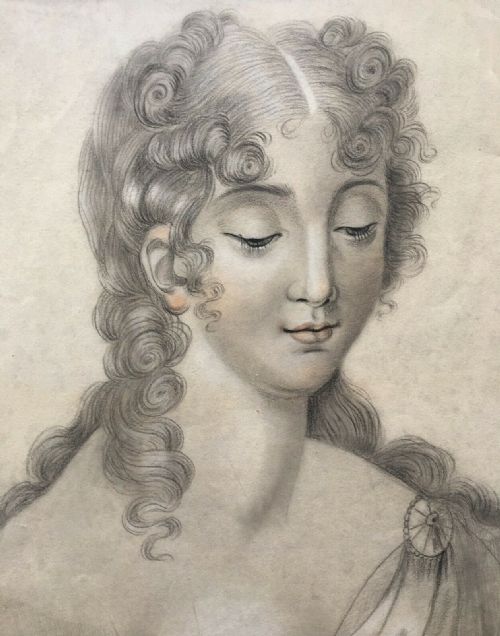 fig 2. Semi Nude Female Looking Down Original 19th Century Antique Charcoal Pencil Drawing Art Study