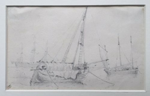 fig 1. James Stark Original 19th Century Drawing of Moored Shipping Vessels Seascape