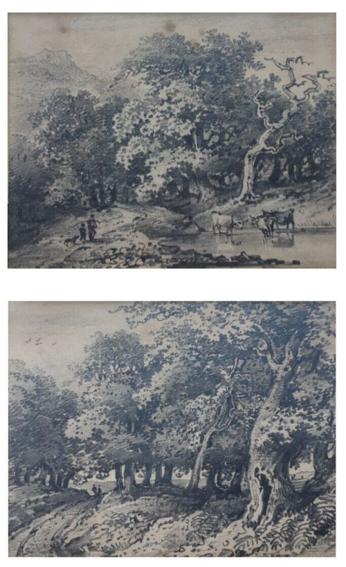 fig 1. Henry William Burgess (1809-60) 2 Original Early 19th Century English Antique Tree Landscape Drawings