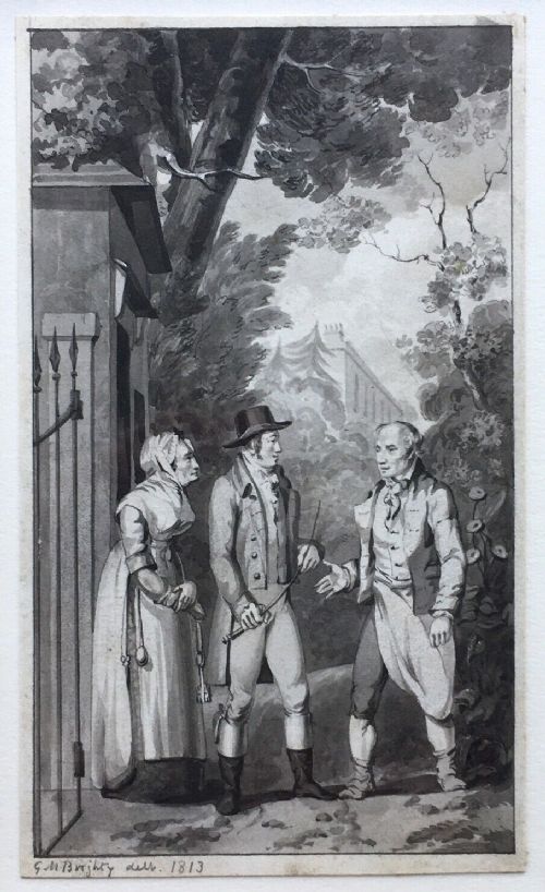 George M. Brighty (British, 1788-1888) Original 1813 Early 19th Century English Antique Watercolour Figures at Gate Possibly an Illustration for a Book