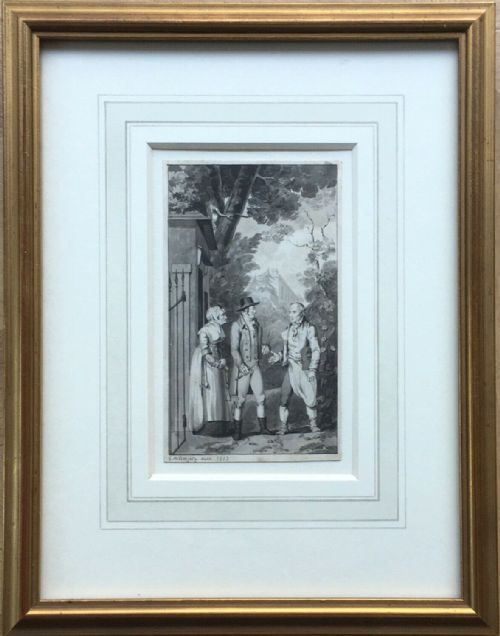fig 1. GEORGE M. BRIGHTY (British, 1788-1888) Original 1813 Early 19th Century English Antique Watercolour Figures at Gate Possibly an Illustration for a Book