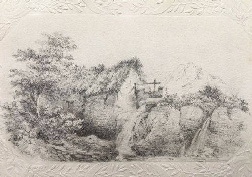 Cottage Mill View Original 19th Century Antique Pencil Drawing Sketch Study on Embossed Paper