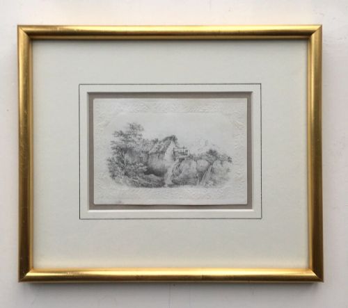 fig 1. Cottage Mill View Original 19th Century Antique Pencil Drawing Sketch Study on Embossed Paper