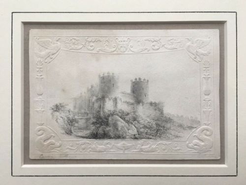 Castle View Original 19th Century English Antique Pencil Drawing Sketch Study on Embossed Paper