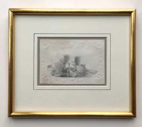 fig 1. Castle View Original 19th Century English Antique Pencil Drawing Sketch Study on Embossed Paper