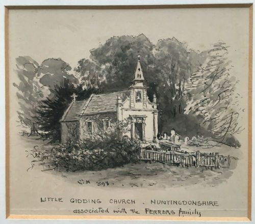 Little Gidding Church Huntindonshire England by Edward Hull Original Antique C19th Watercolour Painting