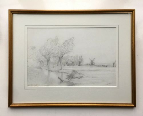 Edward Duncan Rws Original 19th Century English Antique Drawing River & Windmill Near Gravesend Kent