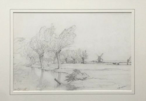 fig 1. Edward Duncan RWS Original 19th Century English Antique Drawing River & Windmill near Gravesend Kent