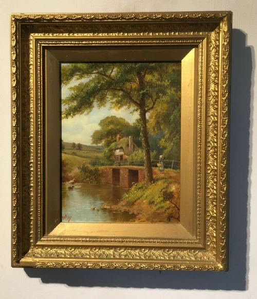 Henry Maidment Original Oil Painting on Wood Panel River Cottage Landscape Monogram Signed & Dated 1892