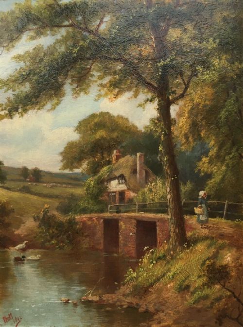 fig 2. HENRY MAIDMENT Original Oil Painting on Wood Panel River Cottage Landscape Monogram Signed & Dated 1892