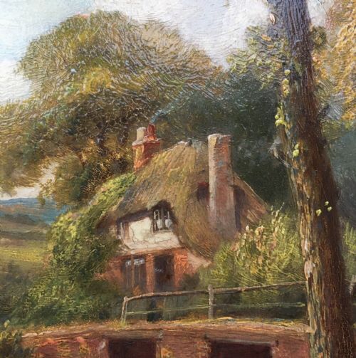 fig 3. HENRY MAIDMENT Original Oil Painting on Wood Panel River Cottage Landscape Monogram Signed & Dated 1892