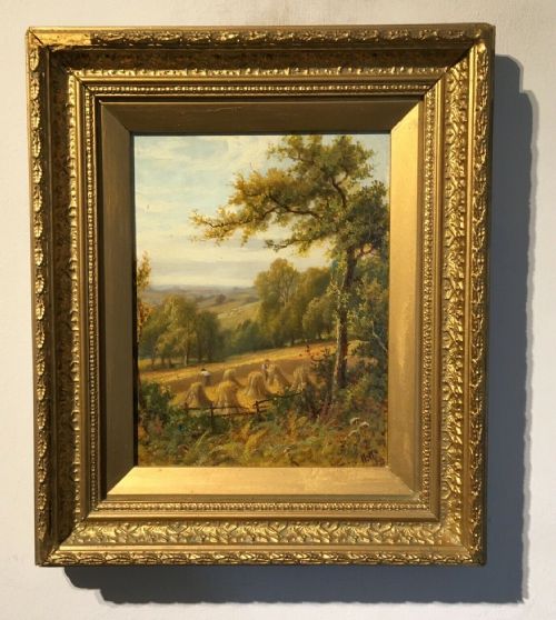 Henry Maidment Original Monogrammed Dated 1892 Antique English Oil Painting on Wood Panel Figures & Hay Stack Landscape